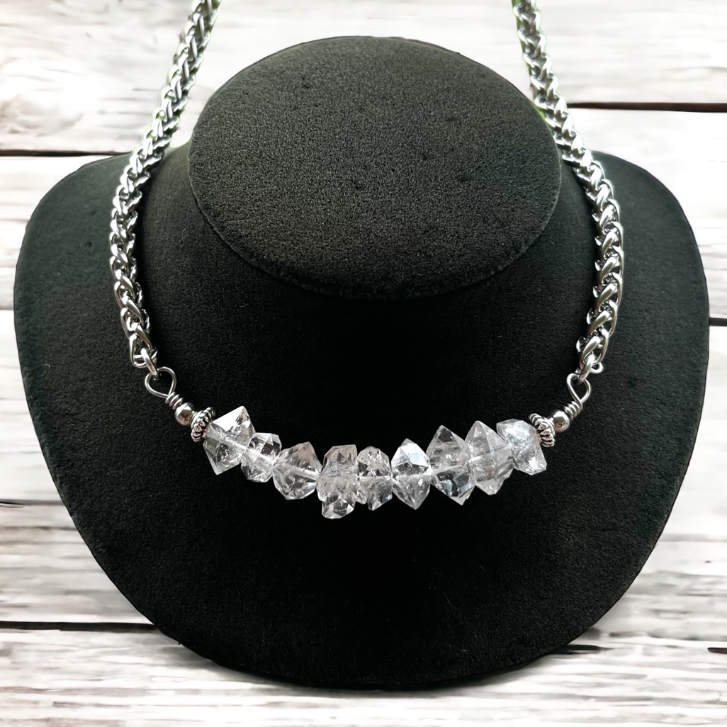 9 Big Genuine Herkimers Diamonds On Stainless Steel Wheat Chain Necklace Boho